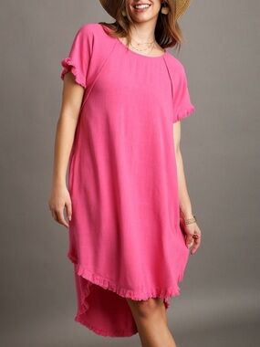 Umgee Lindy Dress Fuchsia Pink Ruffle Hem Linen High-Low Dress Small